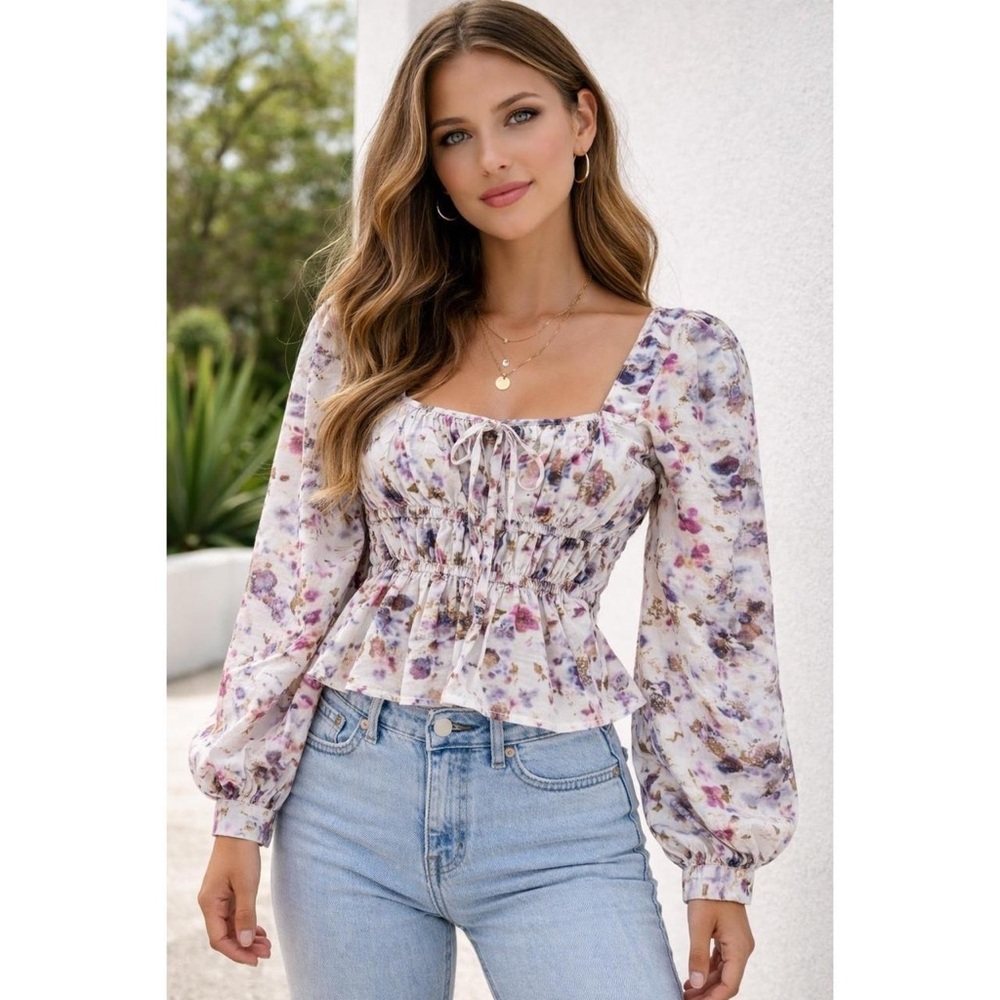 J. Crew White Floral Smocked Peplum Blouse with Purple Accents